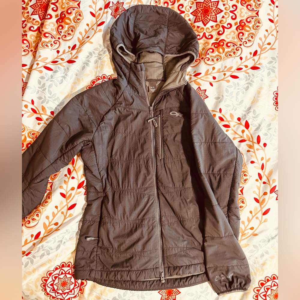 Black Outdoor Research Uberlayer hooded jacket.